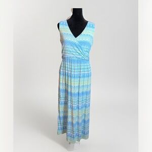 J. Jill Womens Blue Green Maxi Faux Wrap Dress Size SP V-Neck Pullover Stretch